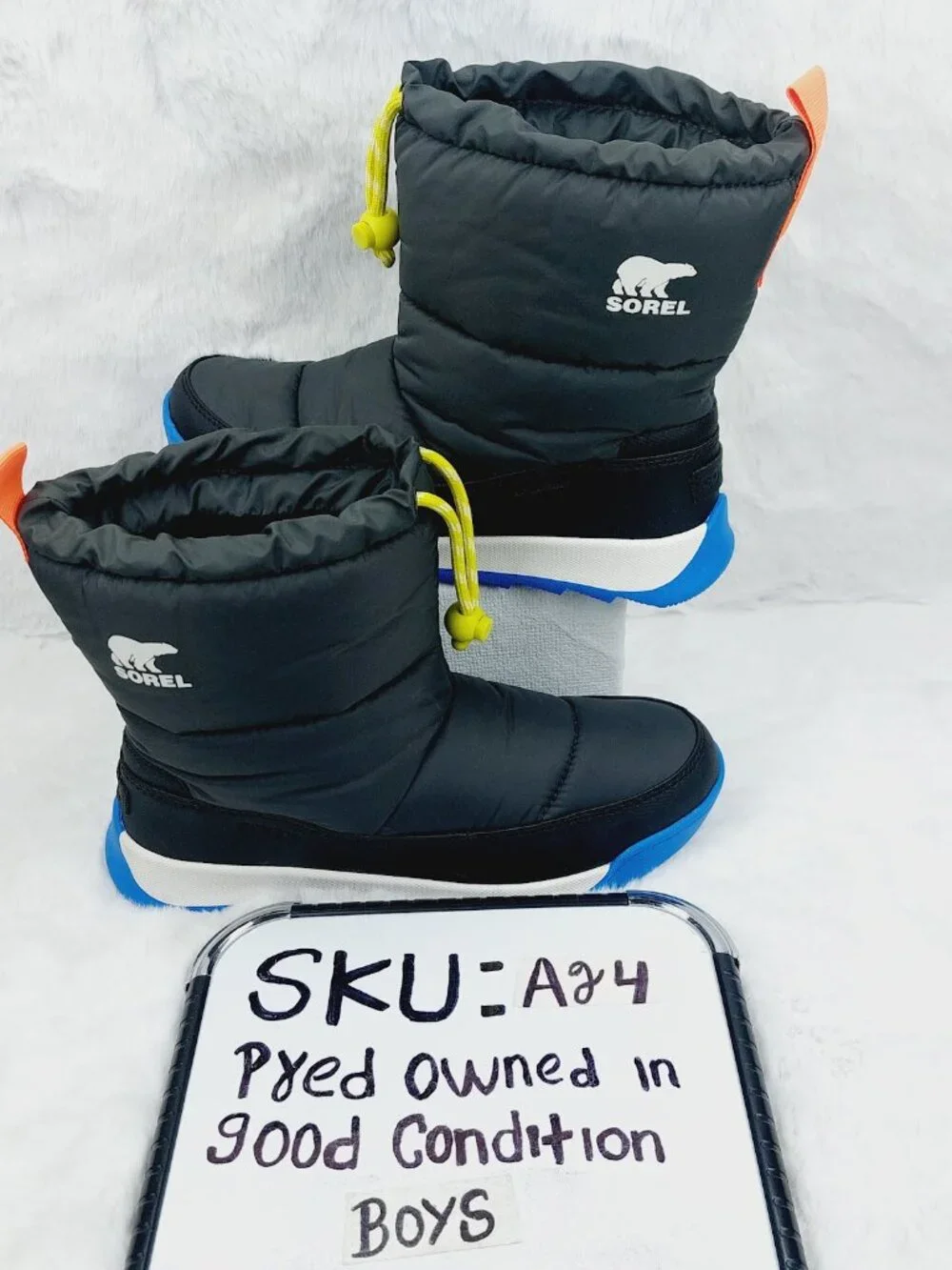 Sorel Boy's Black Blue Whitney Plus II Puffy Waterproof Mid-Calf Snow Boots Sz 6
